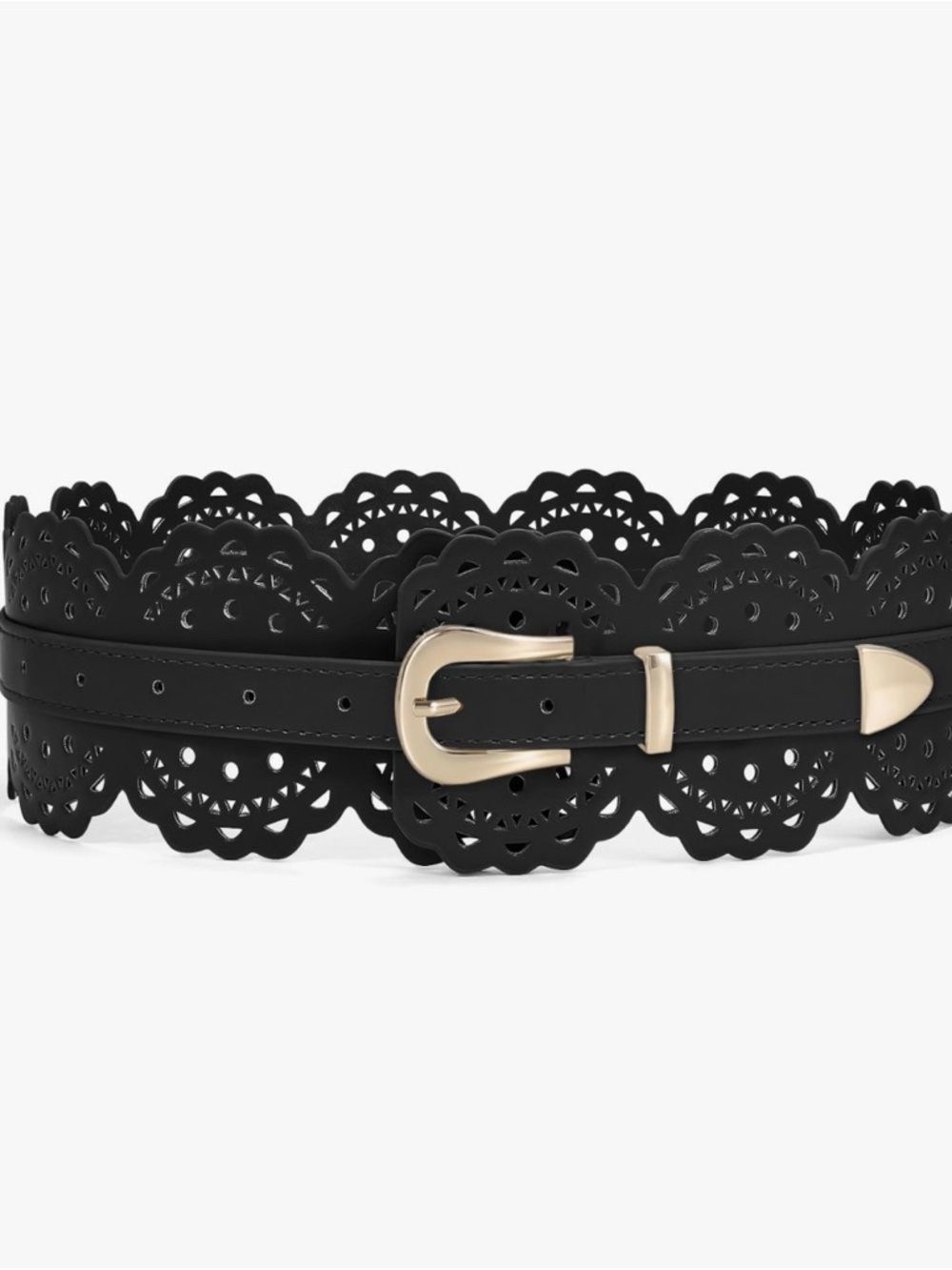 Black Laser-Cut Scalloped Waist Belt with Gold Buckle